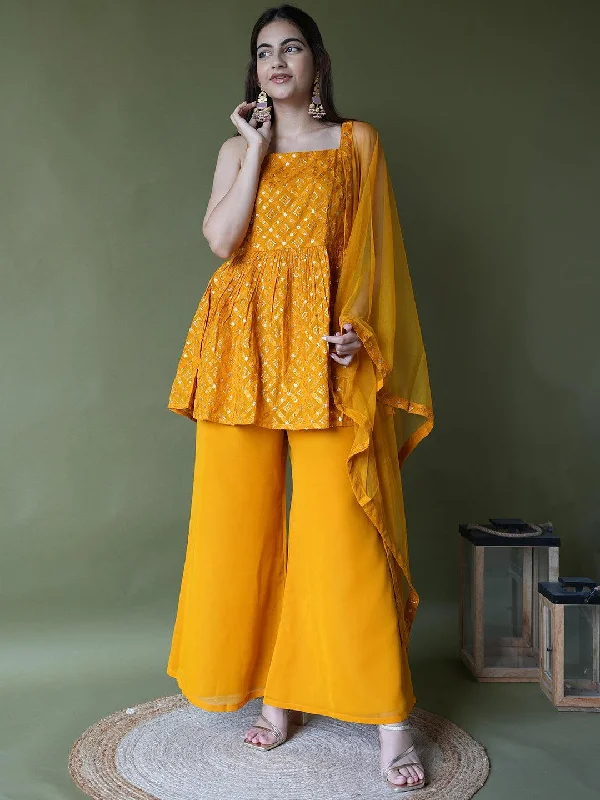 Mustard Embroidered Georgette A-Line Kurti With Palazzos & Dupatta