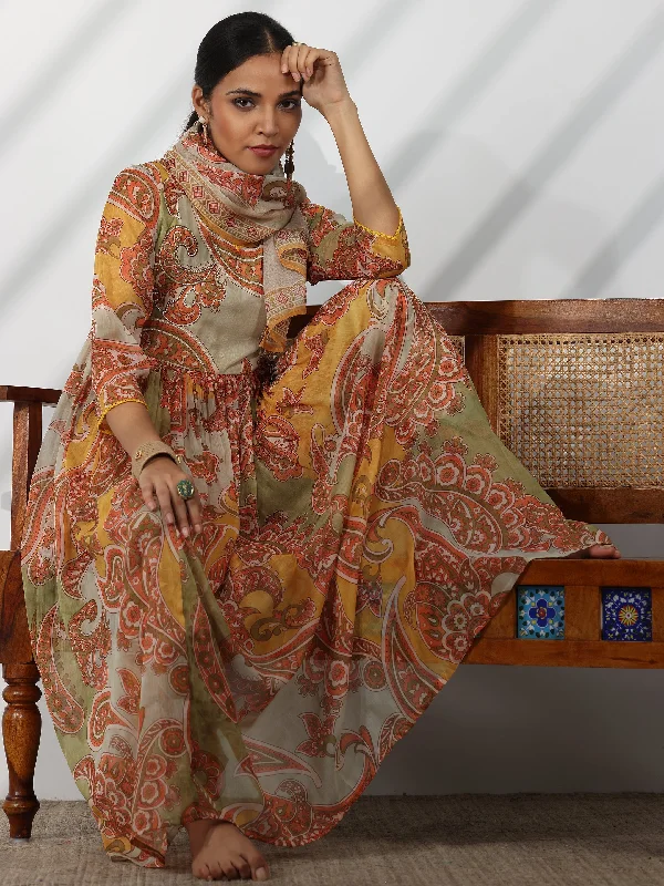 Mustard Printed Poly Chiffon A-Line Kurta With Palazzos & Dupatta