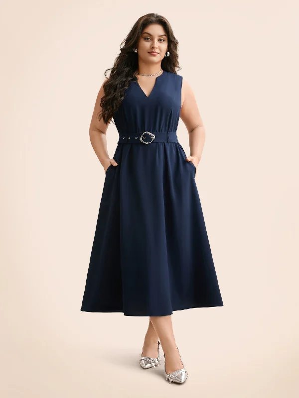 Notched Collar Belted Tank Dress