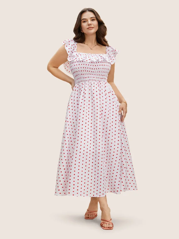 Off Shoulder Polka Dot Shirred Ruffles Dress