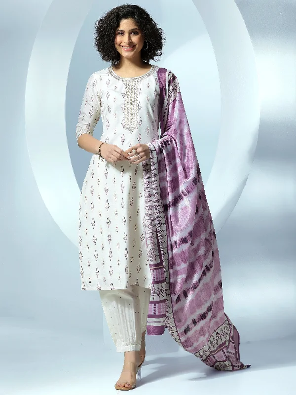 Off White Printed Silk Blend Straight Suit With Dupatta