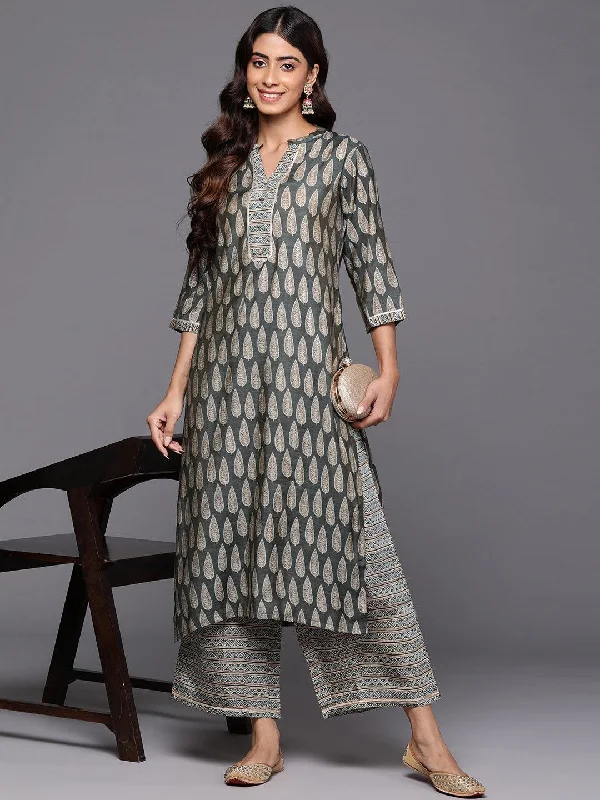 Olive Printed Silk Blend Straight Kurta Set