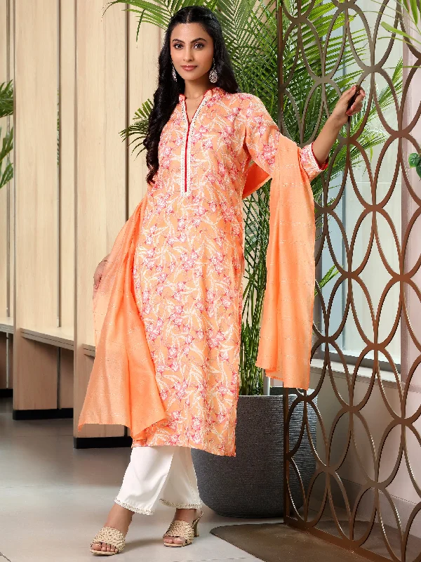 Orange Printed Cotton Blend Straight Suit With Dupatta