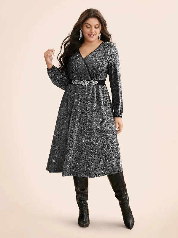 Overlap Collar Luxe Lantern Sleeve Dress