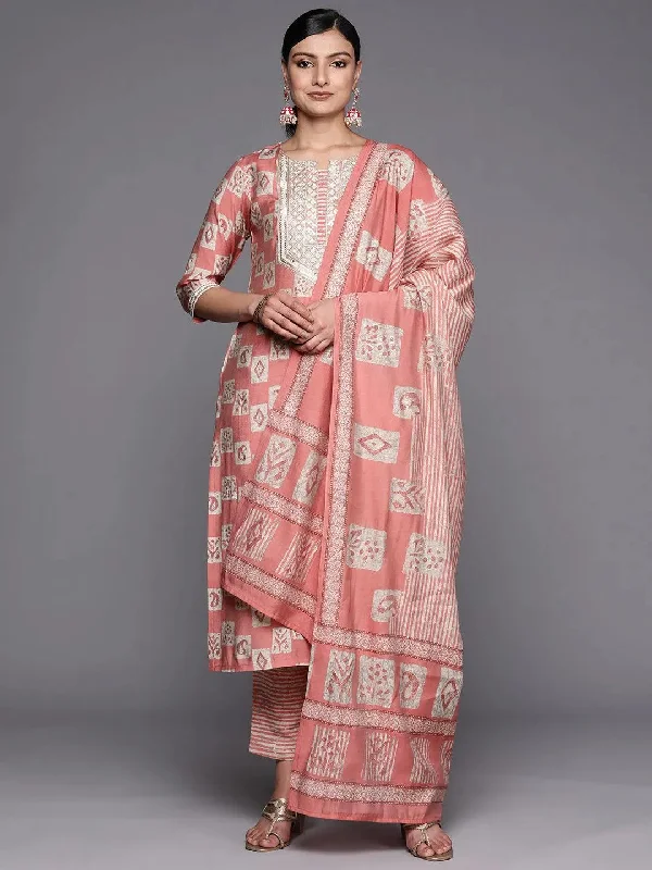 Peach Yoke Design Silk Blend Straight Kurta With Trousers & Dupatta