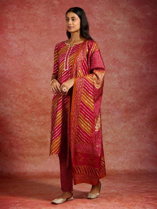 Red Printed Silk Blend Straight Suit With Dupatta