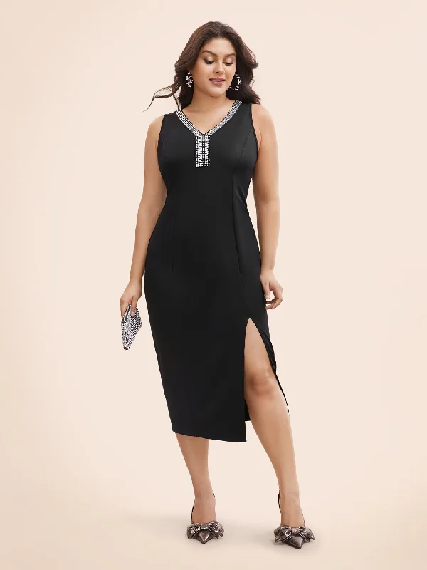 Rhinestone V Neck Split Hem Dress