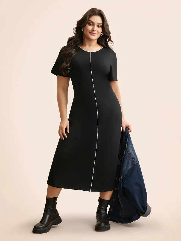 Round Neck Contrast Topstitching Slit Hem Dress