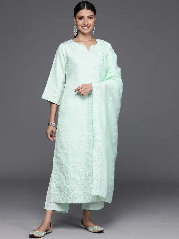 Sea Green Embroidered Chanderi Silk Straight Kurta With Trousers & Dupatta