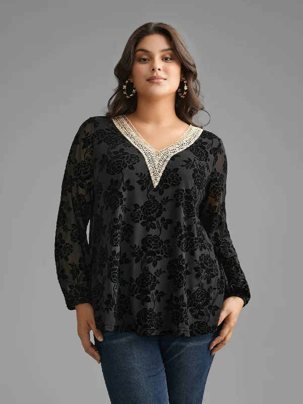 Sheer Flocked Lace Trim V-neck Blouse