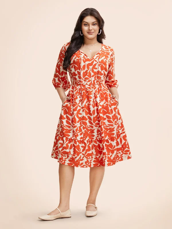 Silhouette Floral Print Tie Knot Lantern Sleeve Dress