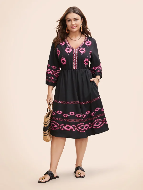 V Neck Bandana Print Elastic Waist Dress