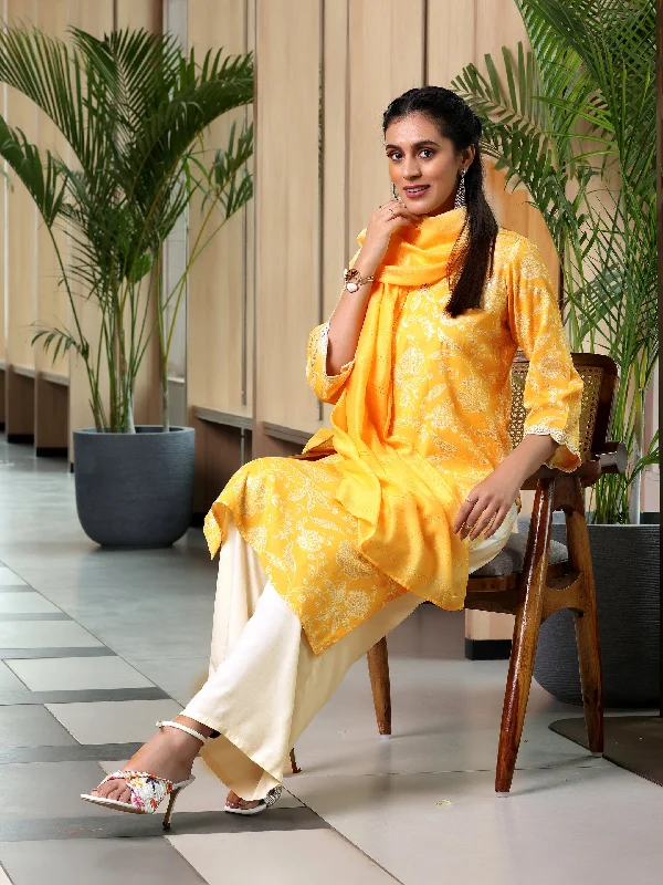 Yellow Printed Cotton Blend Straight Suit With Dupatta