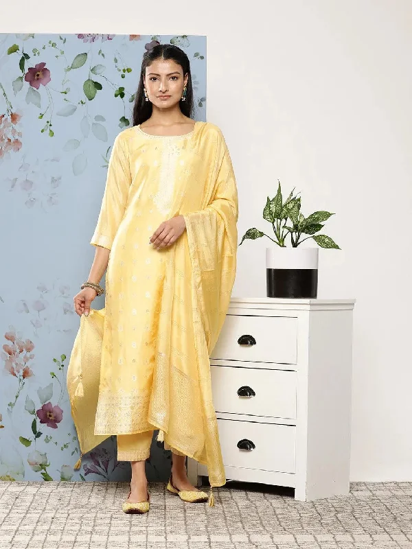 Yellow Self Design Silk Blend Straight Kurta With Trousers & Dupatta