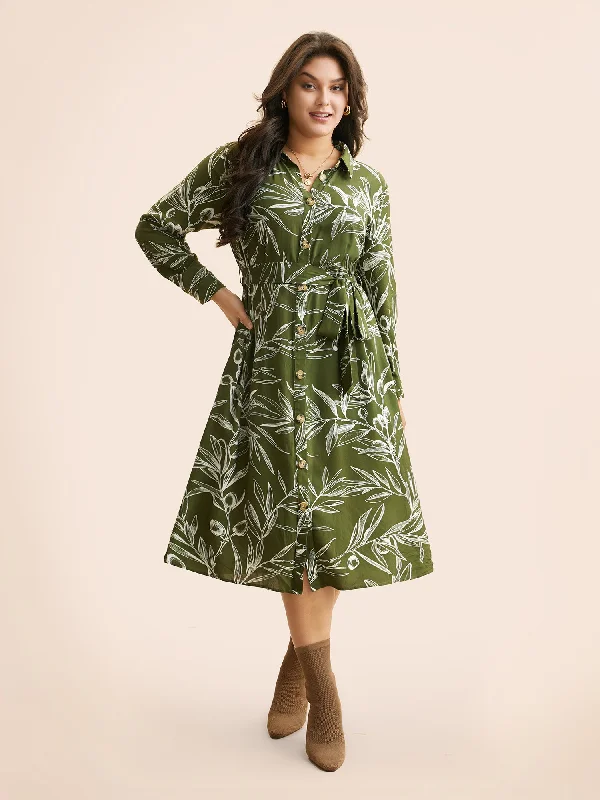 Shirt Collar Plants Print Belted Dress