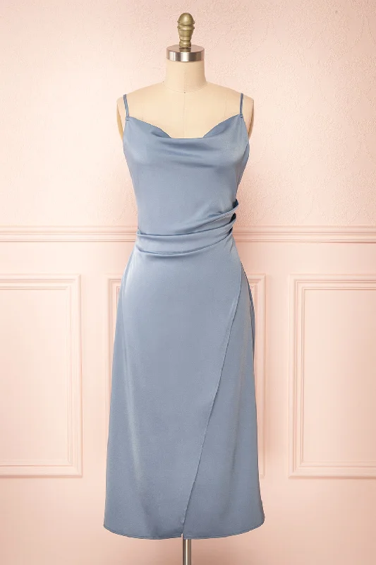 Chloe Blue Grey | Cowl Neck Satin Midi Slip Dress