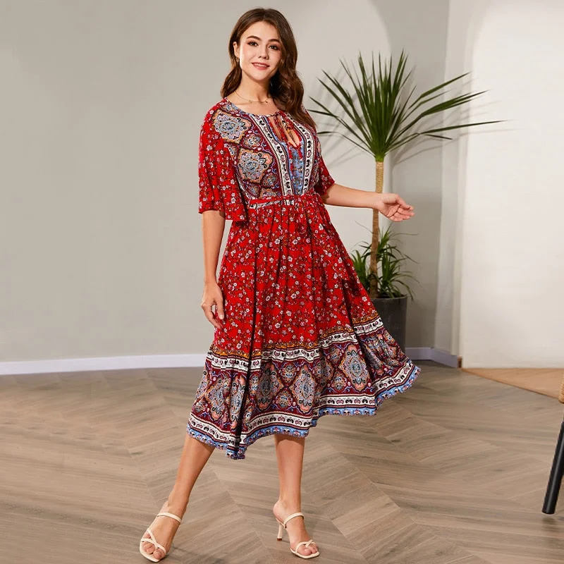 BerriesJam - Elegant Boho Dark Red Midi Dress