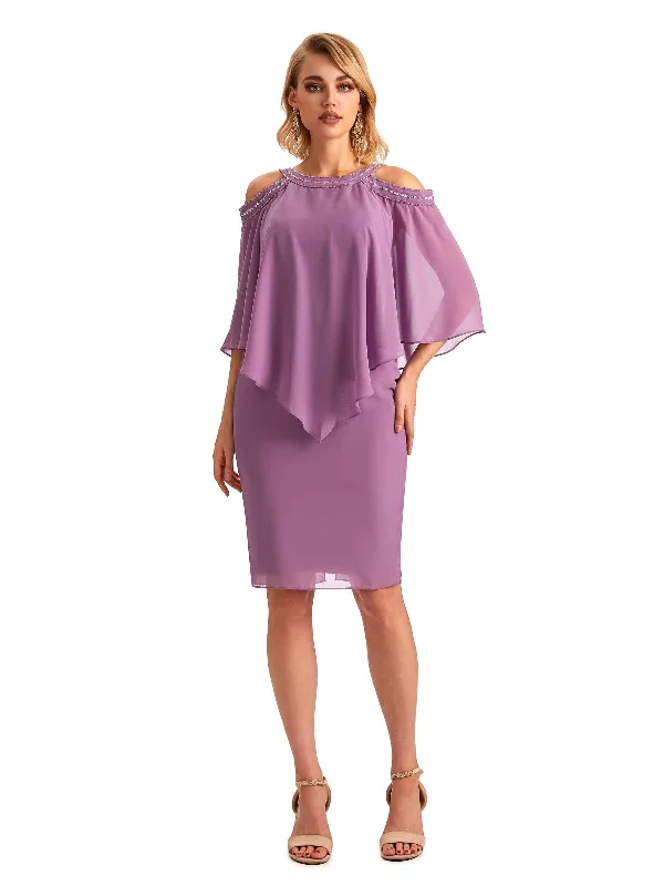 Elegant Chiffon Beaded Bat Sleeves Knee Length Midi Short Mother of The Bride Dresses