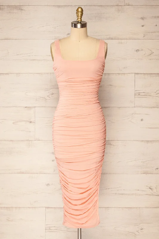 Fecho Pink | Fitted Ruched Midi Dress