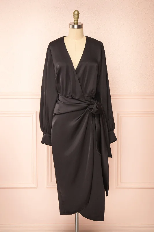 Lunaria Black | Satin Wrap Midi Dress w/ Long Sleeves