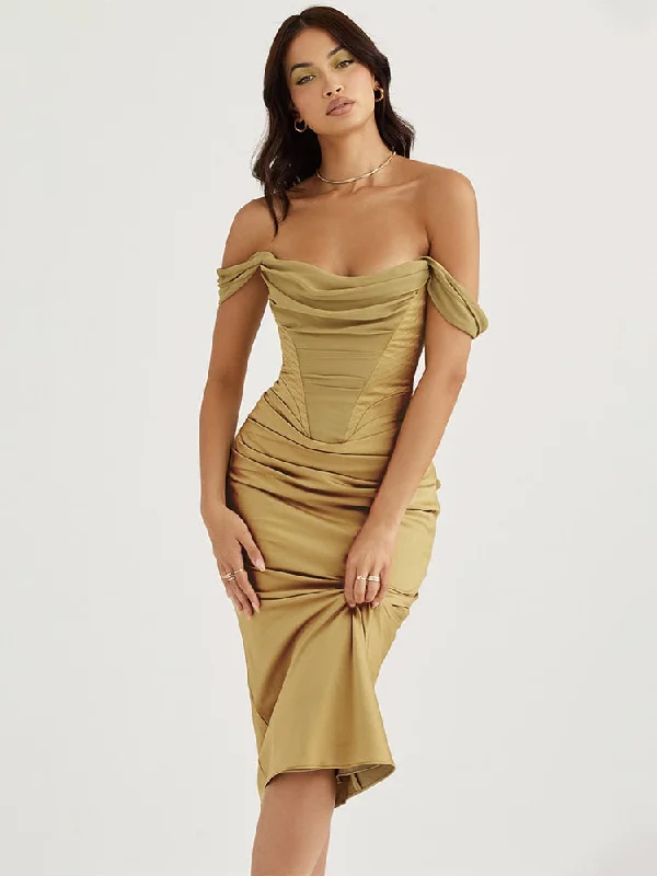 BerriesJam - Off Shoulder Elegant Draped Neck Satin Midi Dress