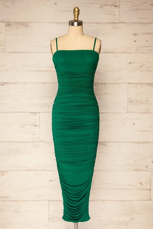 Yurtof Green | Fitted Ruched Midi Dress