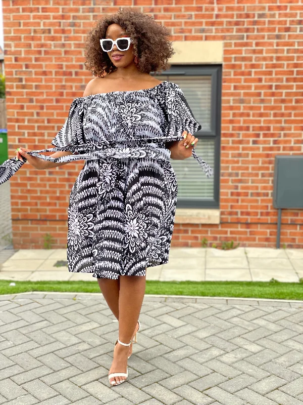 Bertha Ankara Off shoulder Midi Dress | Black and White African Print