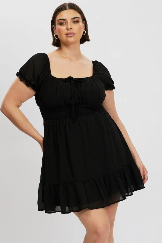 Black Bow Front Shirred Waist Mini Dress