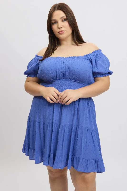 Blue Crinkle Rayon Blend Tiered Minidress