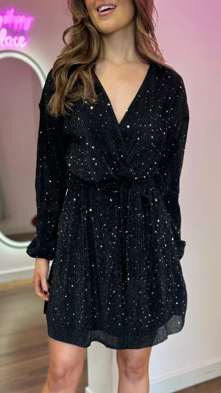 Christina Black Sequin Detail Long Sleeve Mini Dress