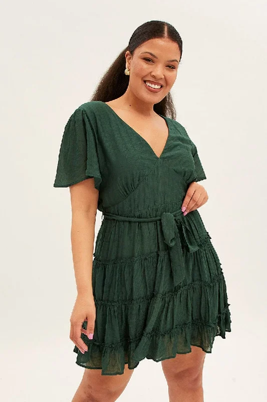 Green Mini Dress Short Flare Sleeve Textured Frill