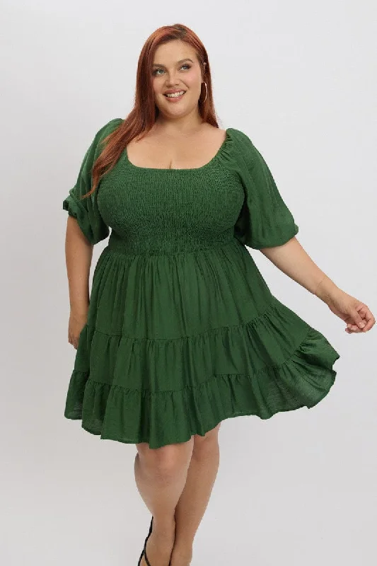 Green Shirred Bodice Puff Sleeve Tiered Mini Dress