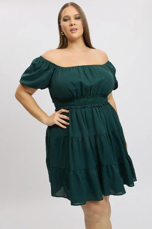 Green Shirred Waistband Tiered Minidress