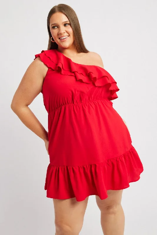 Red Frill One Shoulder Minidress