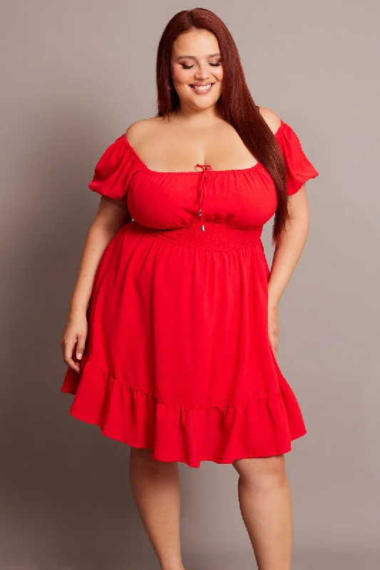 Red Gathered Bust Tie Front Shirred Waist Minidress