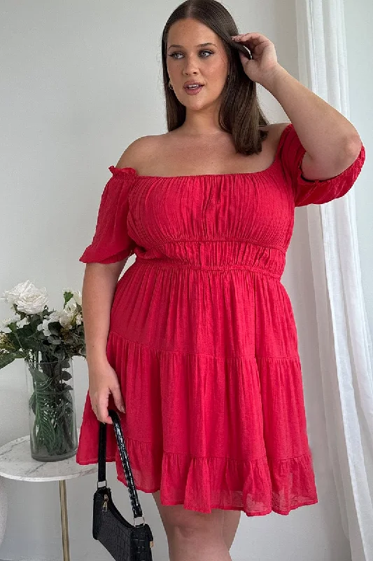 Red Scoop Neck Frill Sleeve Minidress