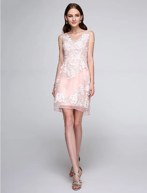 Sheath / Column Bridesmaid Dress V Neck Sleeveless Floral Short / Mini Organza with Appliques