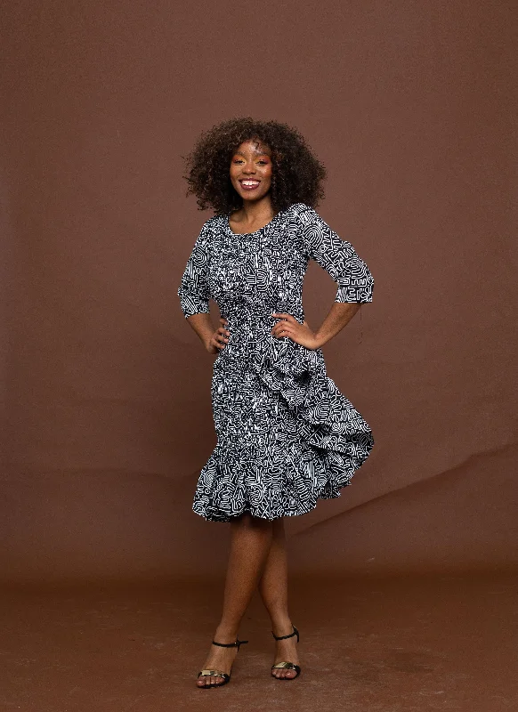 Skylar Ankara Midi Dress | Black and White African Print