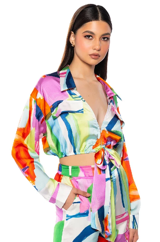 QUINN ABSTRACT PRINTED SATIN TIE FRONT BLOUSE