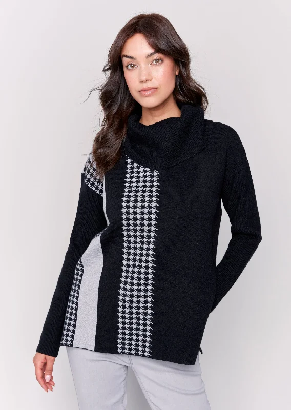 Charlie B - Houndstooth Stripe Cowl Neck Sweater