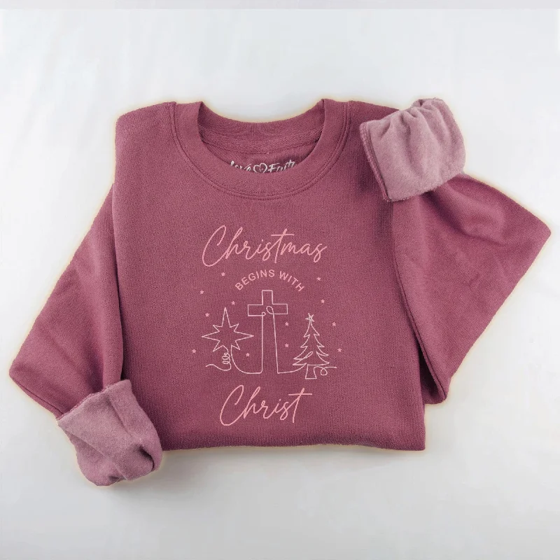 Embroidered Christmas Begins With Christ Sweatshirt