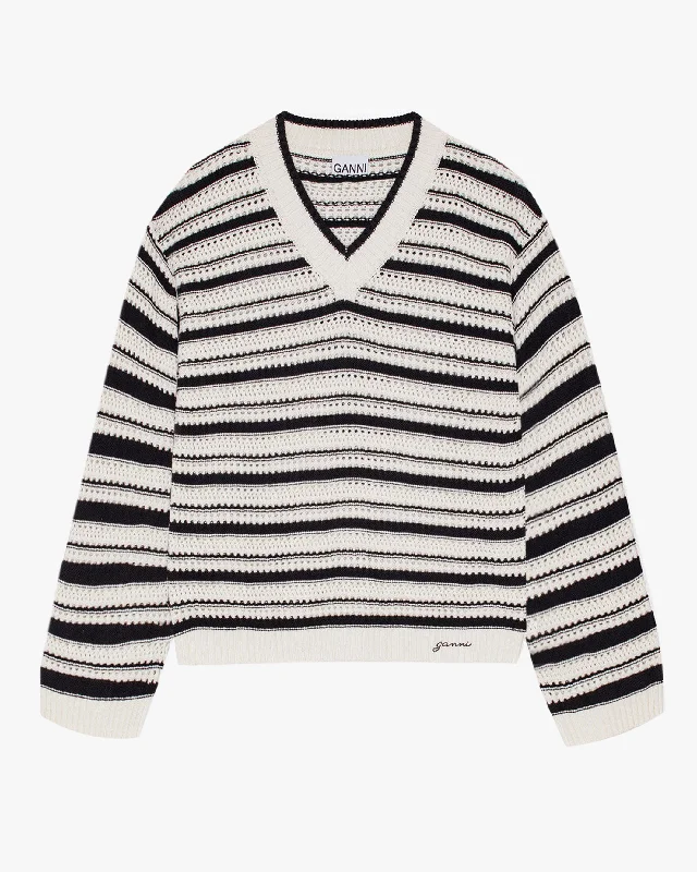 Striped Cotton Pointelle V-Neck Sweater